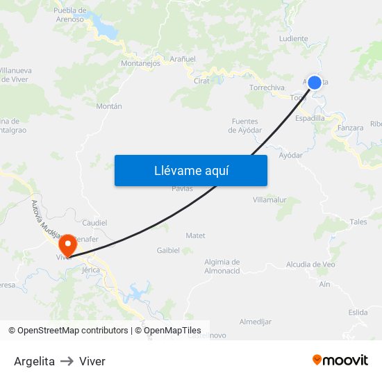 Argelita to Viver map