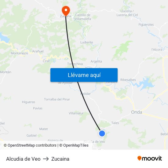 Alcudia de Veo to Zucaina map