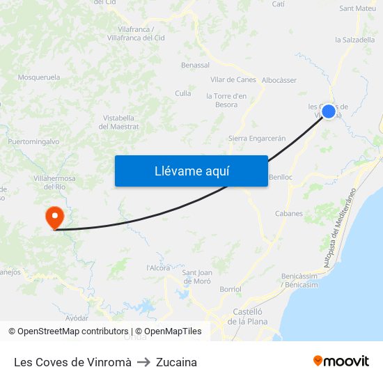 Les Coves de Vinromà to Zucaina map