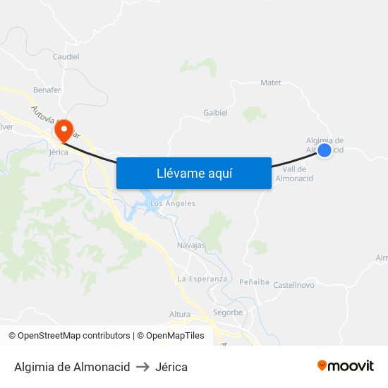 Algimia de Almonacid to Jérica map