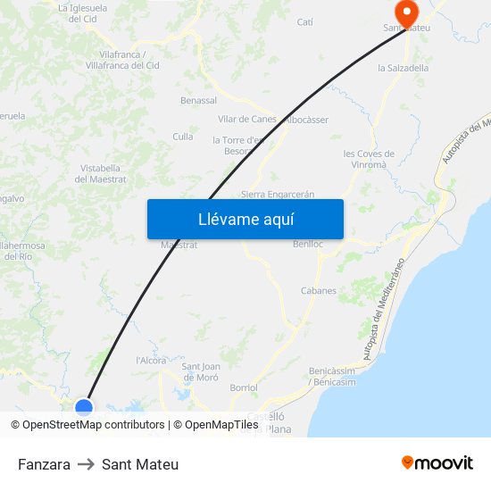 Fanzara to Sant Mateu map