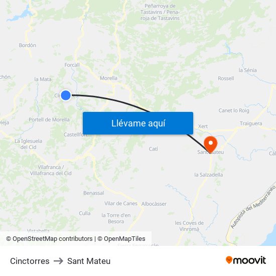 Cinctorres to Sant Mateu map