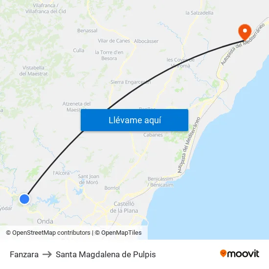 Fanzara to Santa Magdalena de Pulpis map