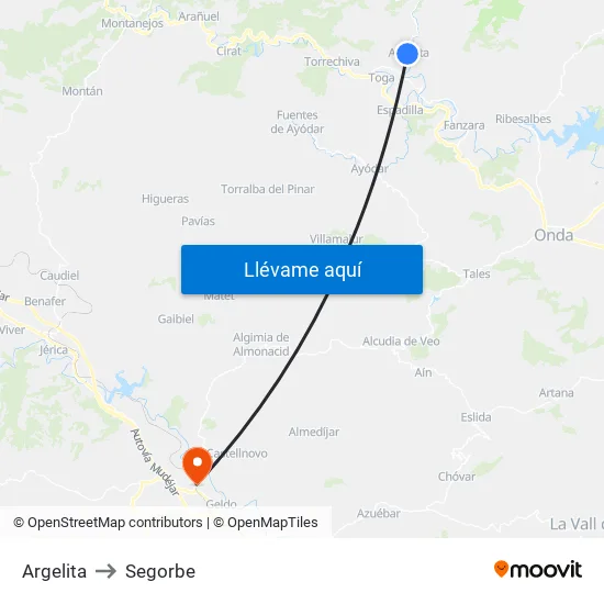 Argelita to Segorbe map