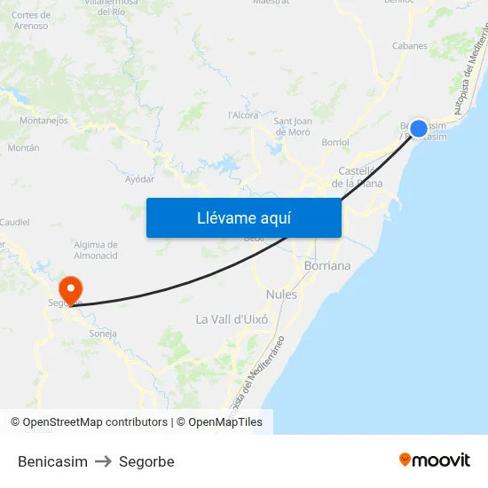 Benicasim to Segorbe map