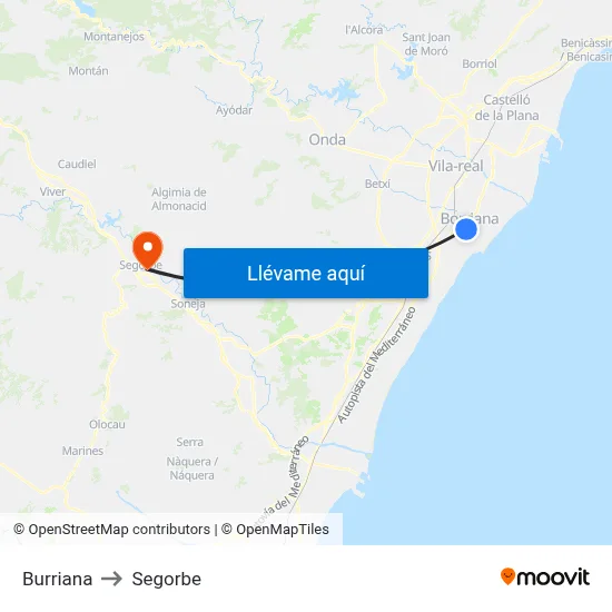 Burriana to Segorbe map