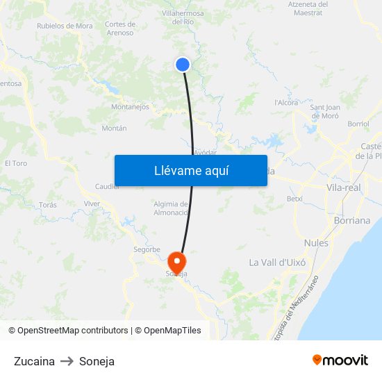 Zucaina to Soneja map