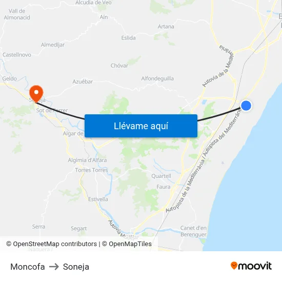 Moncofa to Soneja map