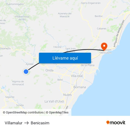 Villamalur to Benicasim map