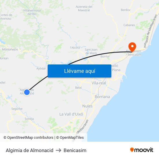 Algimia de Almonacid to Benicasim map
