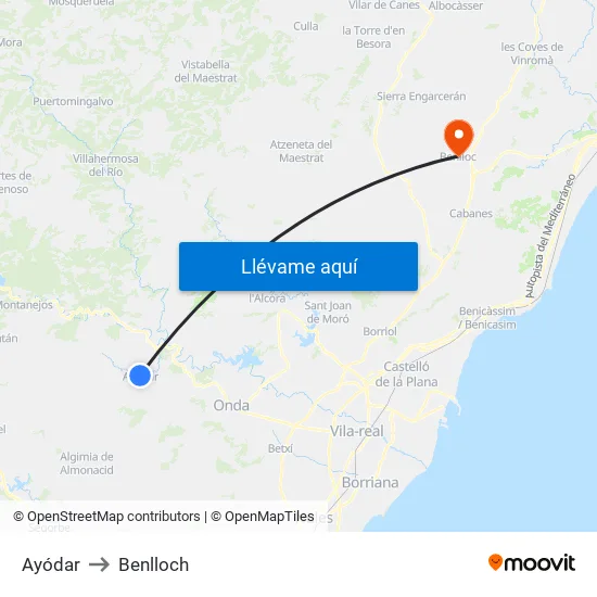 Ayódar to Benlloch map