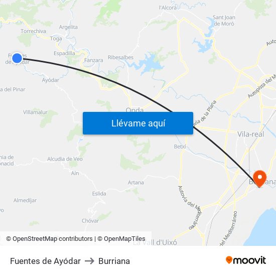 Fuentes de Ayódar to Burriana map