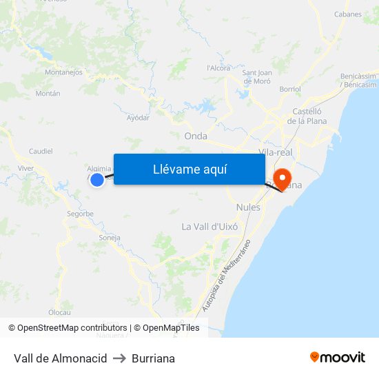 Vall de Almonacid to Burriana map