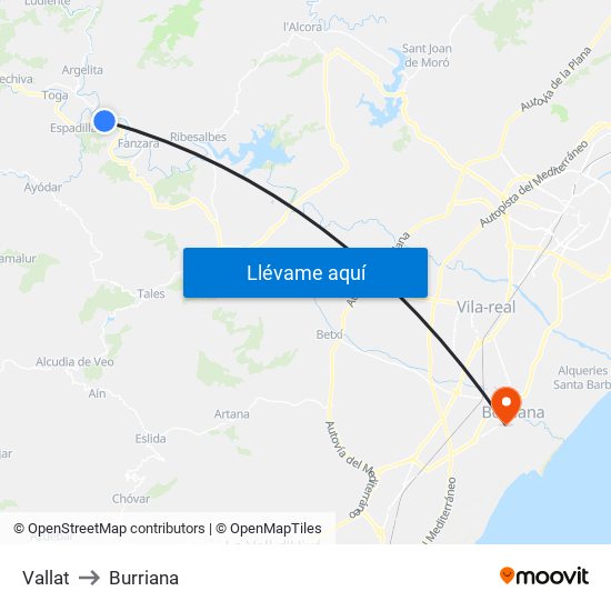 Vallat to Burriana map