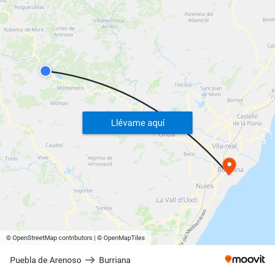 Puebla de Arenoso to Burriana map