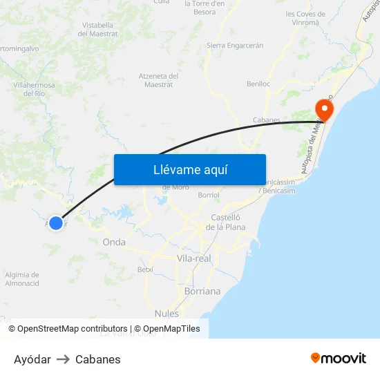 Ayódar to Cabanes map