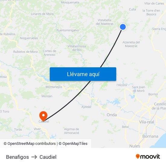 Benafigos to Caudiel map