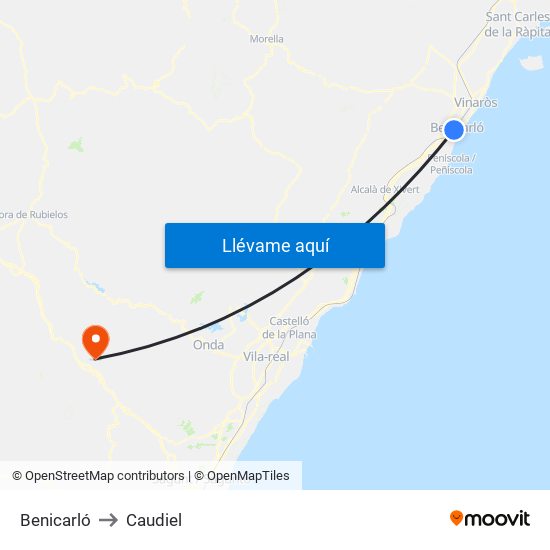 Benicarló to Caudiel map