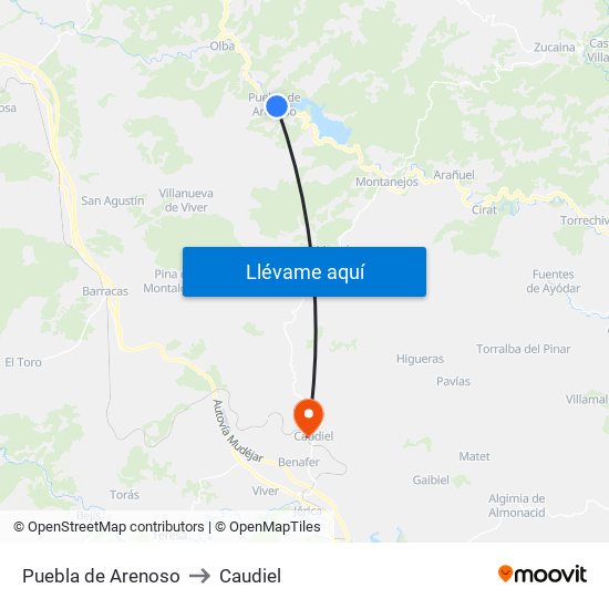Puebla de Arenoso to Caudiel map