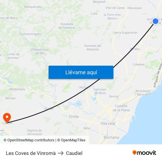 Les Coves de Vinromà to Caudiel map