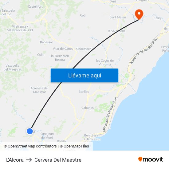 L'Alcora to Cervera Del Maestre map