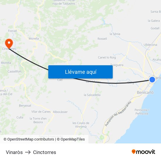 Vinaròs to Cinctorres map