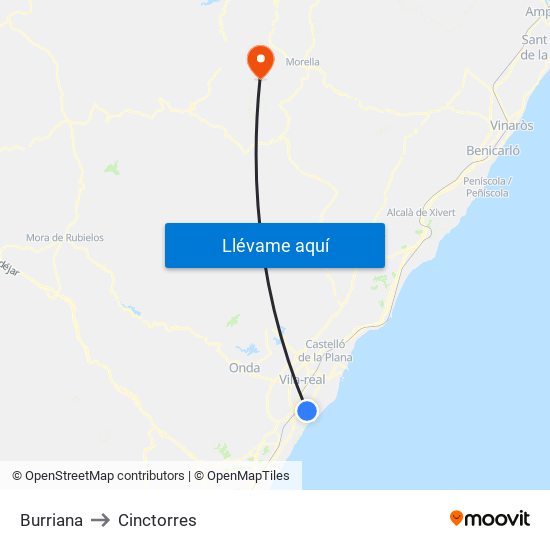 Burriana to Cinctorres map