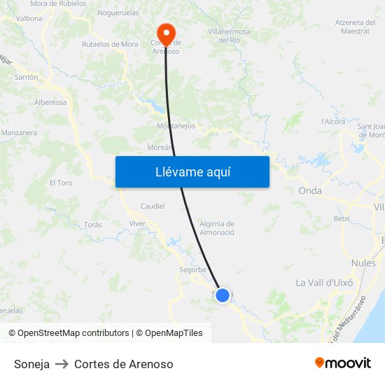 Soneja to Cortes de Arenoso map