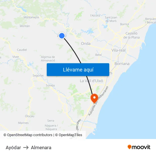 Ayódar to Almenara map