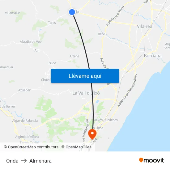 Onda to Almenara map