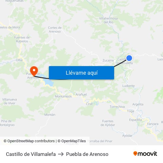 Castillo de Villamalefa to Puebla de Arenoso map