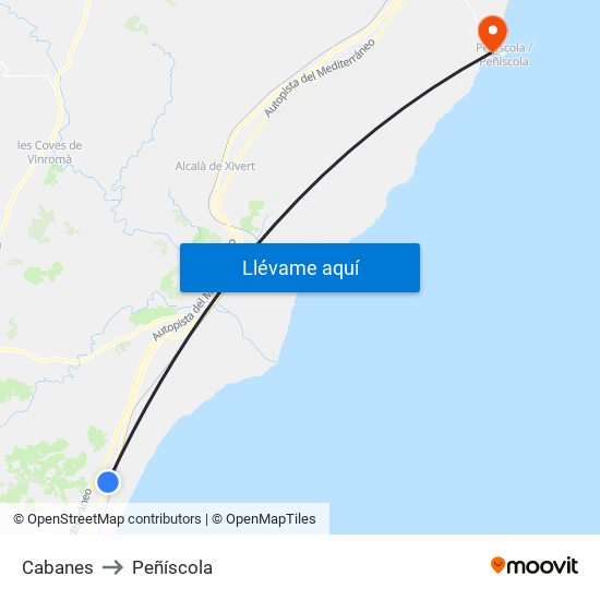 Cabanes to Peñíscola map