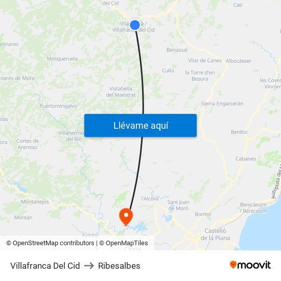 Villafranca Del Cid to Ribesalbes map