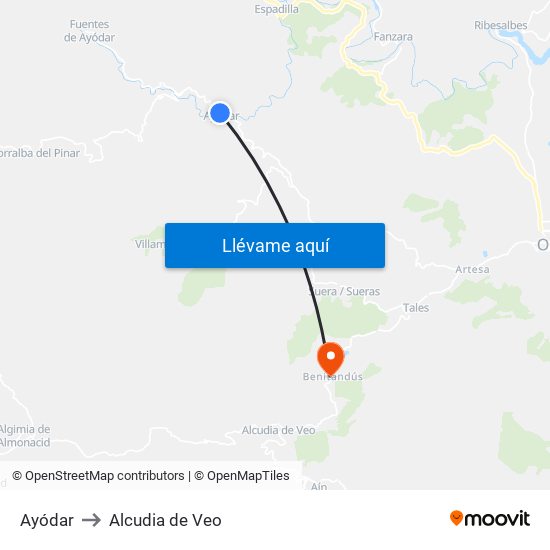 Ayódar to Alcudia de Veo map