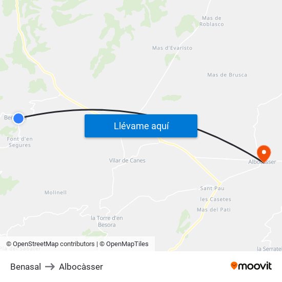 Benasal to Albocàsser map