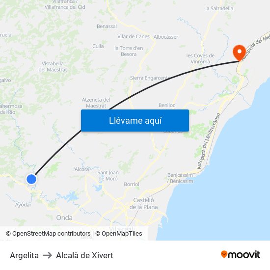 Argelita to Alcalà de Xivert map