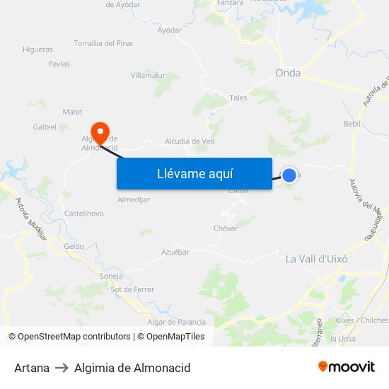 Artana to Algimia de Almonacid map