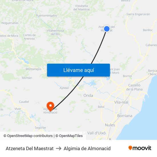 Atzeneta Del Maestrat to Algimia de Almonacid map