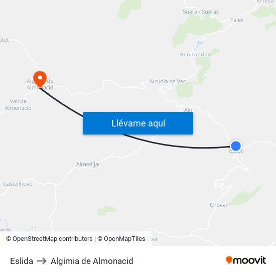 Eslida to Algimia de Almonacid map