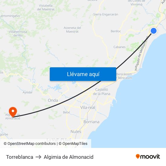 Torreblanca to Algimia de Almonacid map