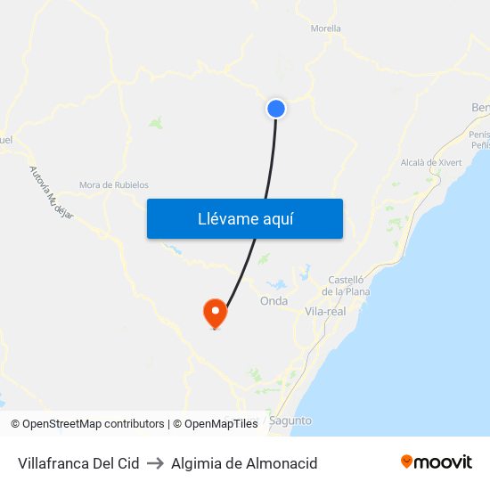 Villafranca Del Cid to Algimia de Almonacid map