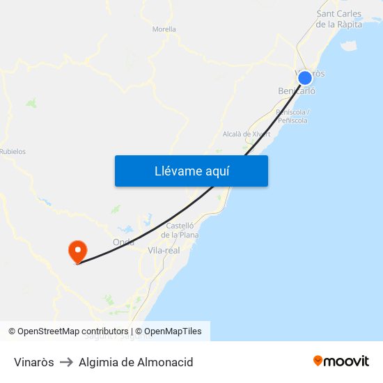 Vinaròs to Algimia de Almonacid map