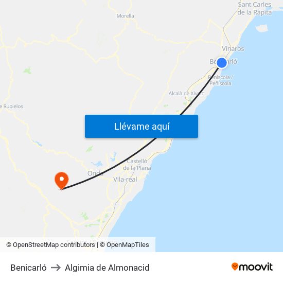 Benicarló to Algimia de Almonacid map