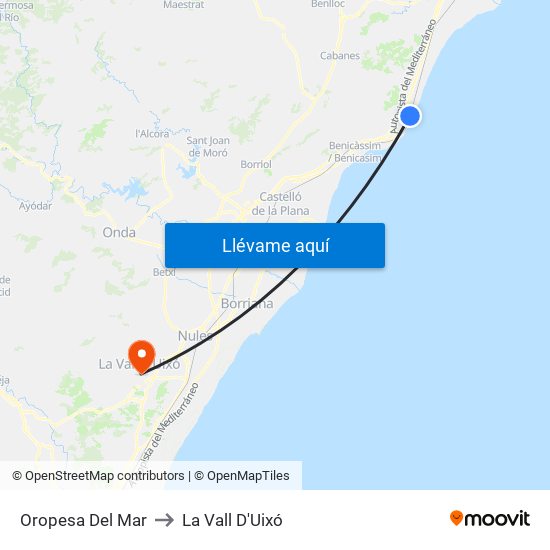 Oropesa Del Mar to La Vall D'Uixó map