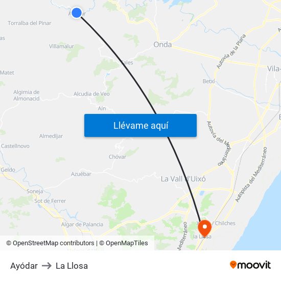 Ayódar to La Llosa map