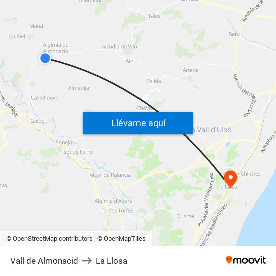 Vall de Almonacid to La Llosa map
