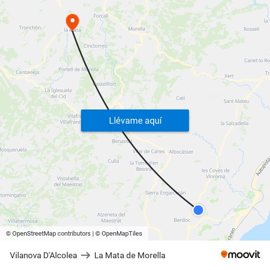 Vilanova D'Alcolea to La Mata de Morella map
