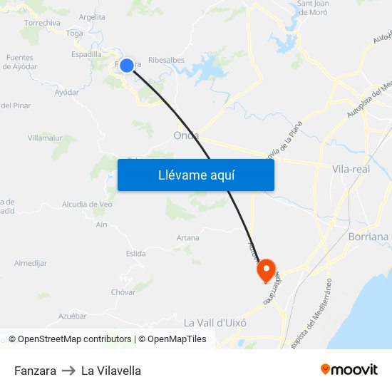 Fanzara to La Vilavella map