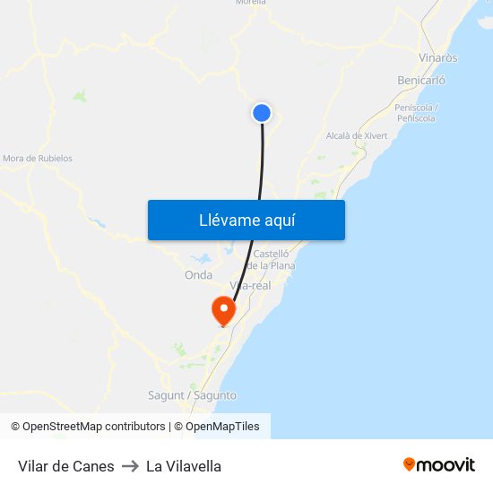 Vilar de Canes to La Vilavella map