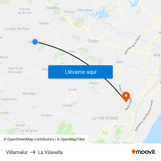 Villamalur to La Vilavella map